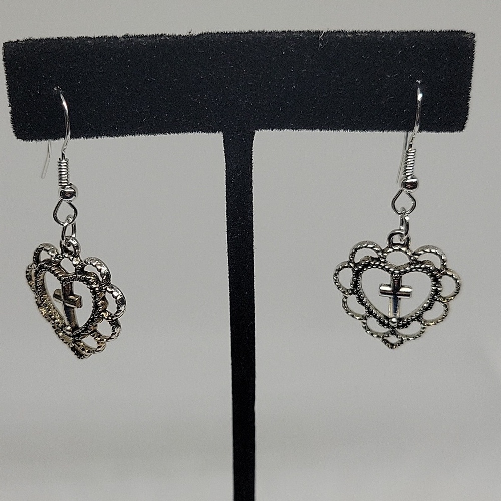 Filigree Heart Cut Out Cross Silver Tone 1" Earrings